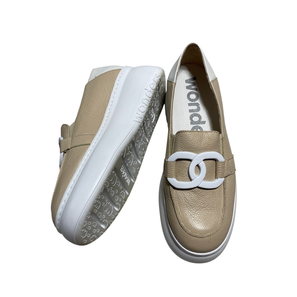 Wonders 36 5.5 6 Memory Gel Platform Sneaker Loafers Beige Leather Spain